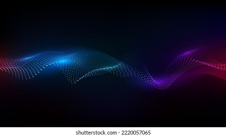 Abstract neon lights dots particles dynamic wave flowing on dark background technology digital futuristic concept. Vector illustration
