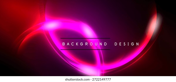 Abstract neon lights form circular shapes. Dark background contrasts vibrant pink, red hues. Text reads background design.