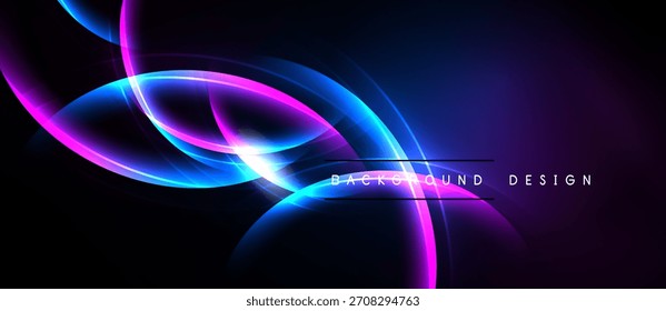 Abstractas luces de neón forman curvas fluidas. El fondo oscuro enfatiza el azul vibrante, el brillo púrpura. Elemento de diseño moderno.