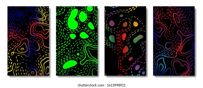 Abstract neon lines and blots on black backgrounds set.