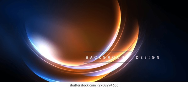 Abstract neon lines create flowing shapes. Warm orange blends with cool blue, forming dynamic visual energy. Background is black.