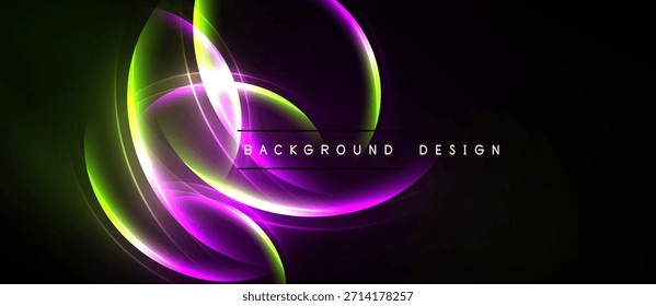 Abstrakte Neonlinien bilden fließende Formen. Lebhaftes Violett, grünes Leuchten auf dunklem Hintergrund. Modernes Design für digitale Projekte.