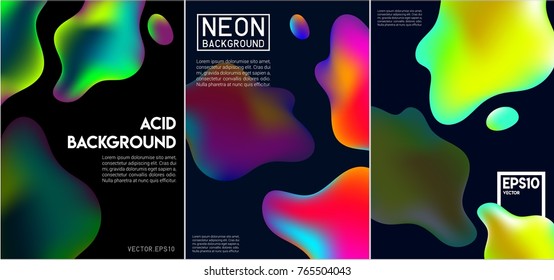 Abstract Neon liquid 3d acid color splash cover vector set. Futuristic fluid paint template. Abstract neon background set.