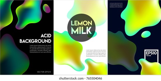 Abstract Neon liquid 3d acid color splash cover vector set. Futuristic fluid paint template. Abstract neon background set.