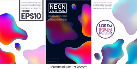Abstract Neon liquid 3d acid color splash cover vector set. Futuristic fluid paint template. Abstract neon background set.