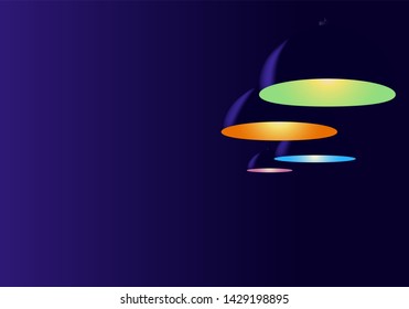 Abstract neon navy blue background. Four ceiling lighting fixture. Lamps hanging in cafe or above billiards desk.  Pendant bulbs shine different cold colors green, pink, orange. Copy space, template