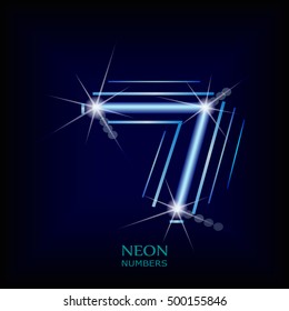 Abstract Neon number 7. Typographic element.  Digit seven. Vector illustration. Blue Neon  Light Number 7. Neon number seven.
