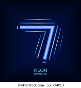 Abstract Neon number 7. Typographic element.  Digit seven. Vector illustration. Blue Neon  Light Number 7. Neon number seven.