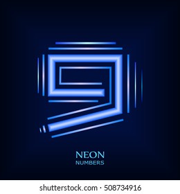 Abstract Neon number 9. Typographic element.  Digit nine. Vector illustration