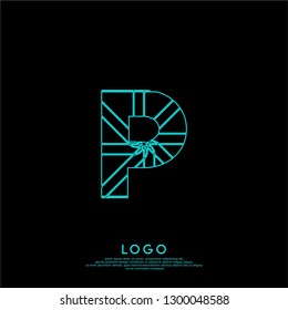 abstract neon P logo letter lines in cyan color design concept