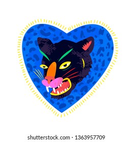 Abstract neon panther in blue heart. Hand drawn trendy illustration. Colorful logo. Perfect for textile print