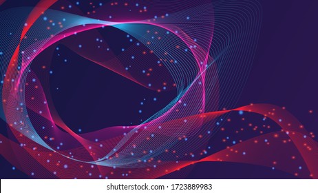 Abstract neon particles background. Stylish magical backdrop. Wave of lines and dot lights swirling in a dark blue space. Vector composition