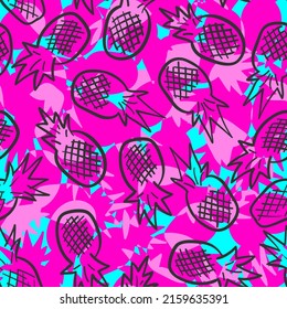 Abstract neon pattern with pineapple on leaves background. Pineapples pattern for fabrics, textiles, clothes, wallpaper, wrapping paper, backpack, socks, bedding.