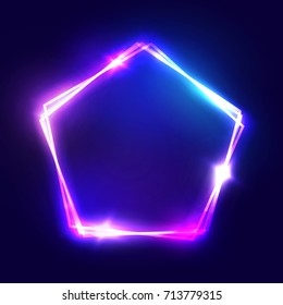Abstract neon pentagon electric frame. Night Club Sign. 3d Retro Light Signboard With Shining Neon Effect. Techno Frame With Glowing On Dark Blue Backdrop. Colorful Vector Illustration in 80s Style.