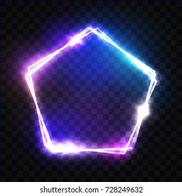 Abstract Neon Pentagon Electric Frame On Transparent Background. Night Club Sign. Retro Light Signboard With Neon Effect Techno Frame On Dark Blue Backdrop Colorful Vector Illustration In 80s Style