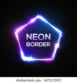 Abstract neon pentagon electric sign on transparent background. Night club signage. 3d retro light frame with shining neon effect. Glowing techno border. Disco music rave illustration in 80s style.