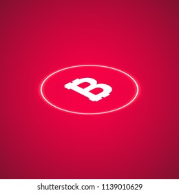Abstract neon pink energy ring with bitcoin on a pink background. Isometric.