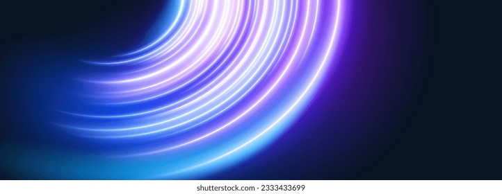 Abstract neon planet ring on black background. Vector realistic illustration of bright glowing light trail, digital tech background, futuristic technology speed effect, energy motion, orbit line