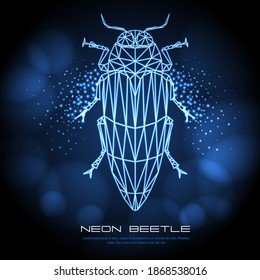 Abstract neon polygonal triangle Belionota tricolor beetle. Bug neon sign. Entomological vector illustration