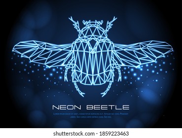 Abstract neon polygonal triangle Flower chafer beetle. Bug neon sign. Entomological vector illustration