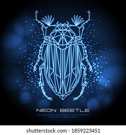 Abstract neon polygonal triangle june beetle. Bug neon sign. Entomological vector illustration