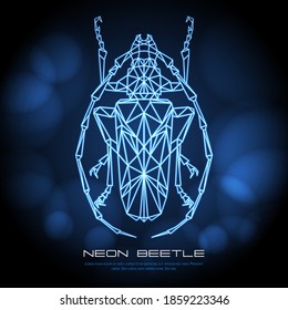 Abstract neon polygonal triangle longhorn beetle. Bug neon sign. Entomological vector illustration