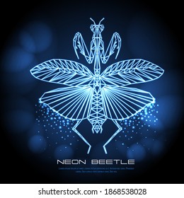 Abstract neon polygonal triangle praying mantis. Bug neon sign. Entomological vector illustration