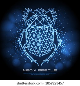 Abstract neon polygonal triangle scarsb beetle. Bug neon sign. Entomological vector illustration