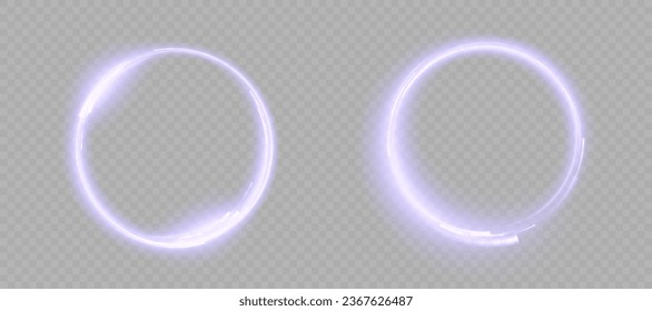 Abstract neon purple ring circle. A bright trail of luminous rays swirls in a rapid spiral motion. Light golden swirl. Vector
