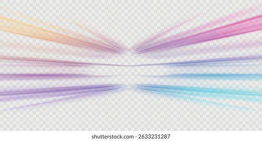 Abstract neon rays of light on a transparent background in PNG format. Purple speeds on the expressway. Sport car is made of polygons, lines and connected dots.