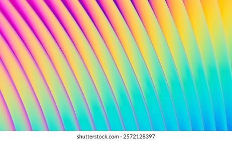 Abstract neon ribbed texture with gradient rainbow colors and dynamic wavy lines. Iridescent futuristic neon fractal glass texture with vibrant gradient waves and bright smooth fluted curved lines