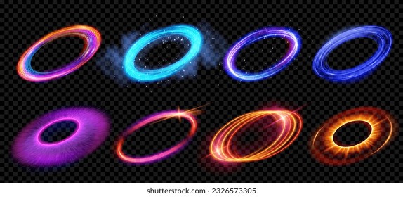 Abstract neon ring halo light vector flare effect isolated on transparent background. Round pink sparkle border illustration. Beautiful purple shine radiant shape line with smoke and flyffy orb.