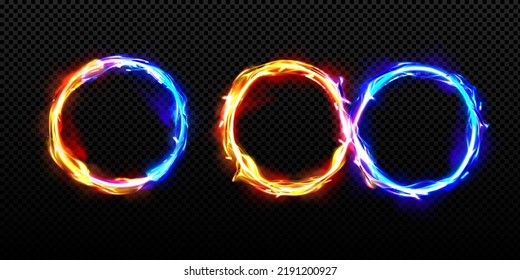 Abstract neon ring and infinity symbol from fire and ice energy. Vector realistic illustration of circle and loop frames with magic blue and orange flame and sparks isolated on transparent svg