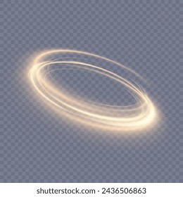 Abstract neon ring in a yellow-gold frame of light. A bright trail of luminous rays swirling in a rapid spiral motion. Light golden swirl. Light effect. Vector