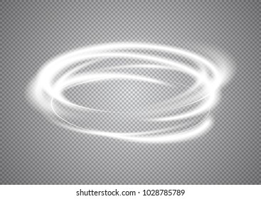 Abstract neon rings. A bright trace from the glowing rays of swirling in a fast motion in a spiral. Slow shutter speed effect. Transparent light vector illustration