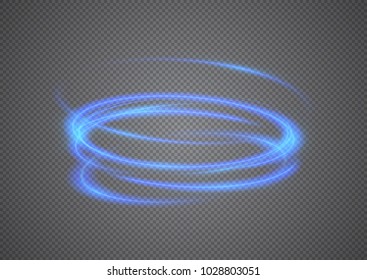 Abstract neon rings. A bright trace from the glowing rays of swirling in a fast motion in a spiral. Slow shutter speed effect. Transparent light vector illustration