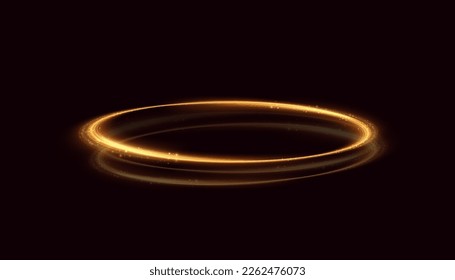 Abstract neon rings. A bright trail of luminous rays swirling in a fast spiral motion. Light golden swirl. Curve golden line light effect.