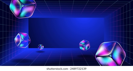 Abstract neon sci-fi futuristic 3d background room grid frame perspective and flying transparent cube.Vector stock illustration.