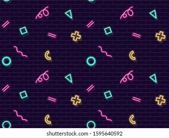 Abstract neon seamless pattern. Decoration for clothes, package paper, trendy bar background, backdrop, web page. Geometric memphis shapes on brick wall background.