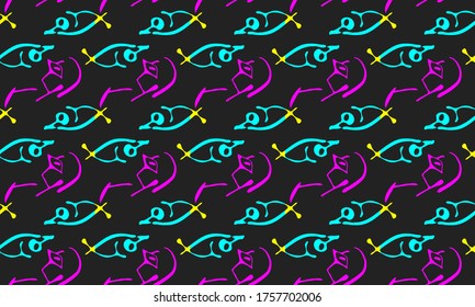 abstract neon seamless pattern, abstract humanoid and animalistic shapes, fish and eyes, modern background, fabric for mugs, pillows, clothes, vector illustration
