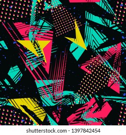 Abstract neon seamless pattern. Urban street art. Grunge texture with chaotic lines, triangles, brush strokes, ink paint. Colorful graffiti style vector background. Pop art fashion. Trendy design