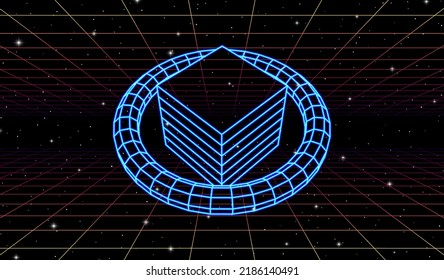 Abstract neon shapes in retro space. 80s or synthwave styled neon objects in virtual universe. Shiny neon grid elements