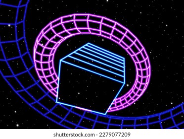 Abstract neon shapes in retro space. 80s or synthwave styled neon objects in virtual universe. Shiny neon grid elements.