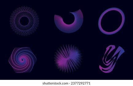 Abstract neon shapes set, futuristic wavy fractal background. Vector geometric illustration