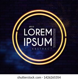 Abstract Neon Shining Gold Banner on Brick Wall with Light Effects.