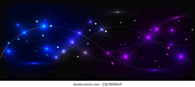 Abstract neon shiny light lines and waves. Light effect movement with glare and stars. Light everyday glow effect. Vector illustration dark background.