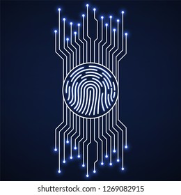 Abstract neon sign fingerprint with circuit board. Technology concept. Vector