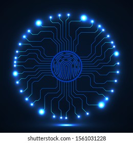 Abstract neon sign fingerprint with circuit board by circumference. Technology concept. Vector