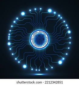 Abstract neon sign fingerprint with circuit board by circumference. Technology concept