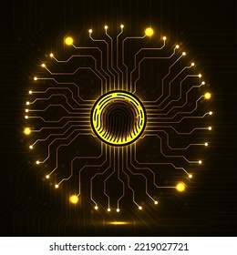 Abstract neon sign fingerprint with circuit board by circumference. Technology concept. Vector illustration